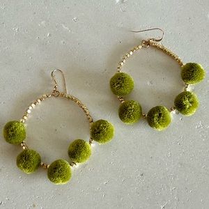 Gold Tone Green Pom-Pom Earrings
